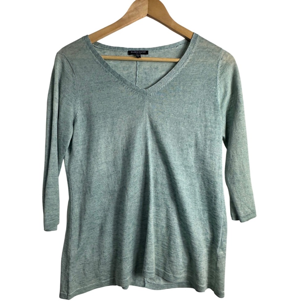 Eileen Fisher Petite Linen V-Neck Sweater Seafoam Green Italian Yarn PP natural